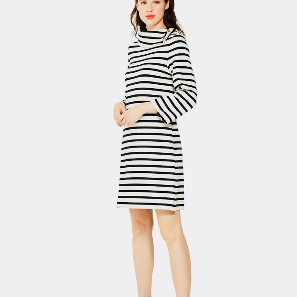 kate spade ♠️- $289 Striped Turtleneck Ponte Dress, in “Cream/Black”, Medium